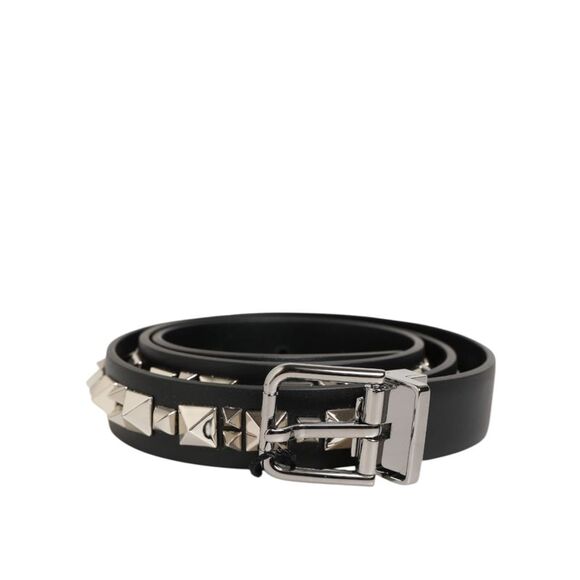 Dolce & Gabbana Black Leather Studded Silver-Tone Buckle Men's Belt